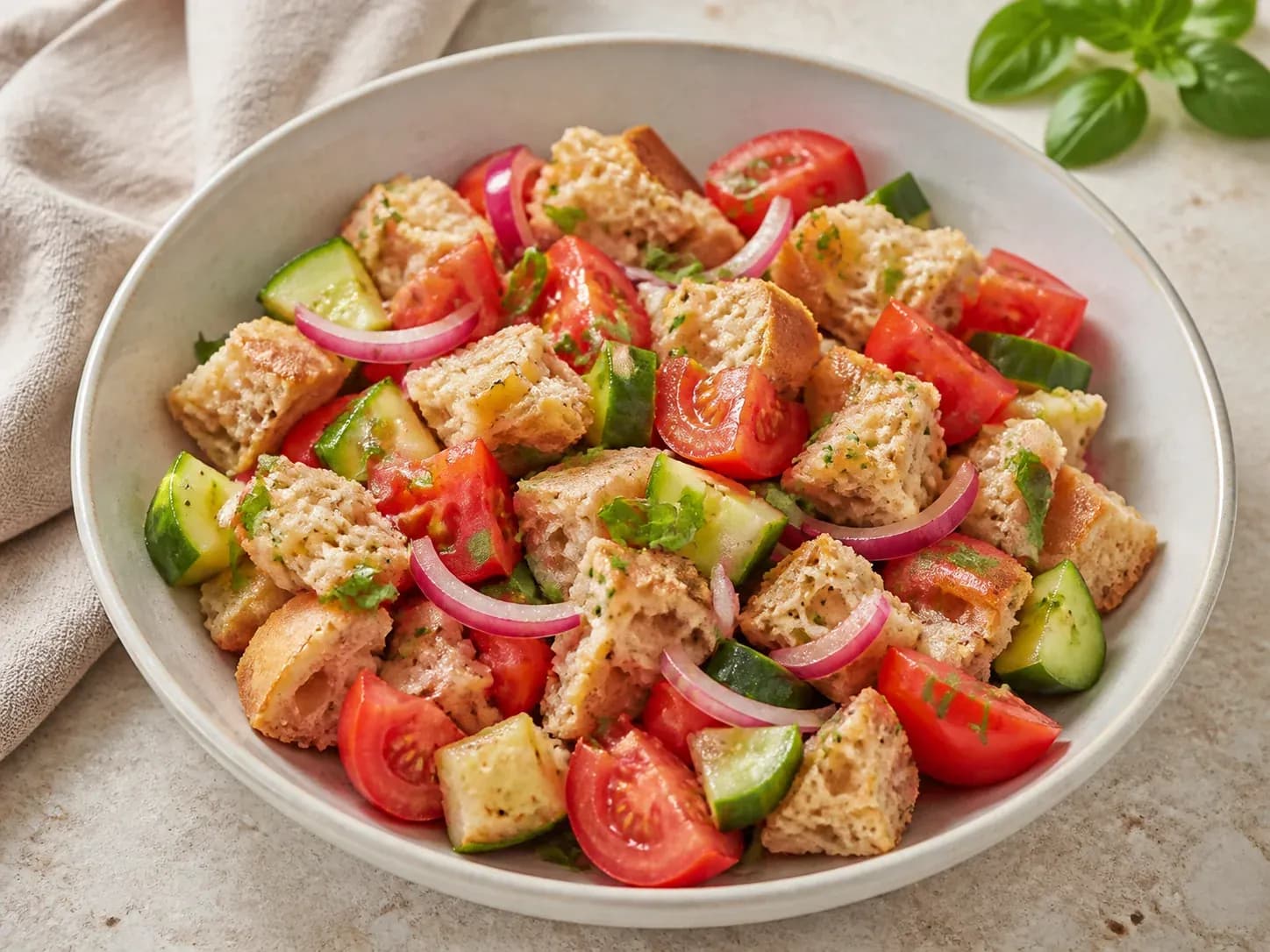 Tuscan panzanella with bread, ripe tomatoes, cucumber, red onion, and basil