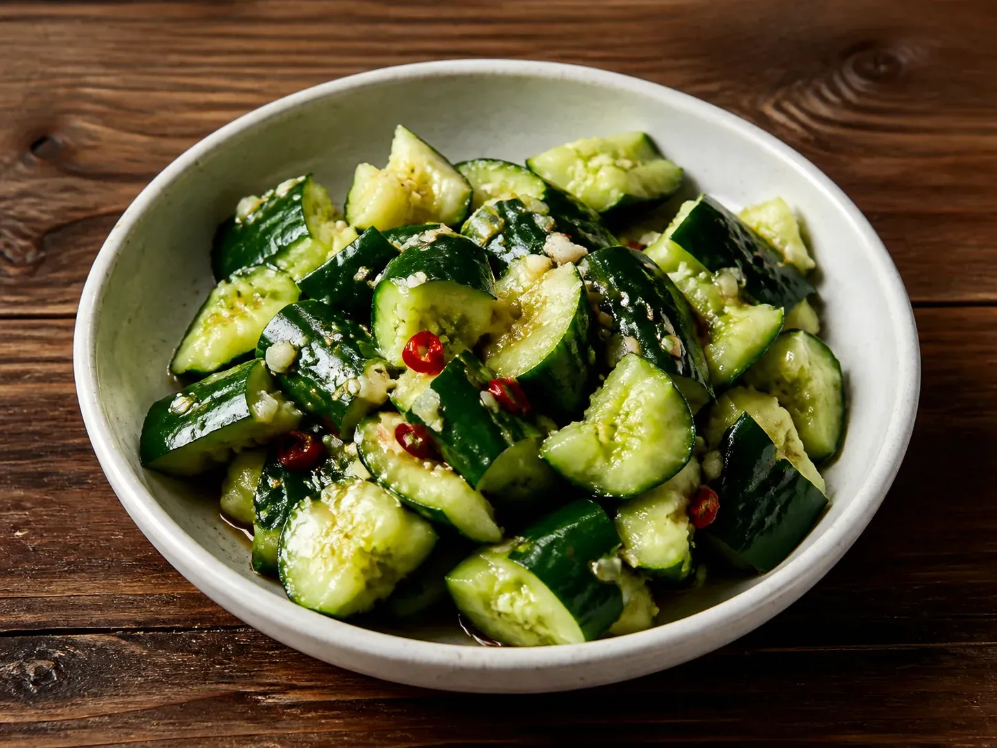 Chinese smashed cucumber salad with garlic, black vinegar, sesame oil, and red chile
